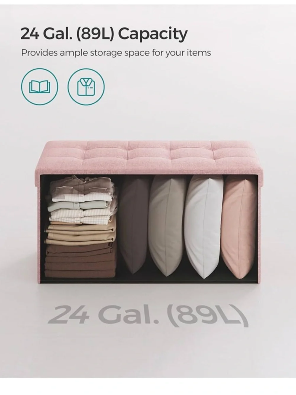 30 Inches Pink Storage Ottoman Bench with Removable Tufted Lid
